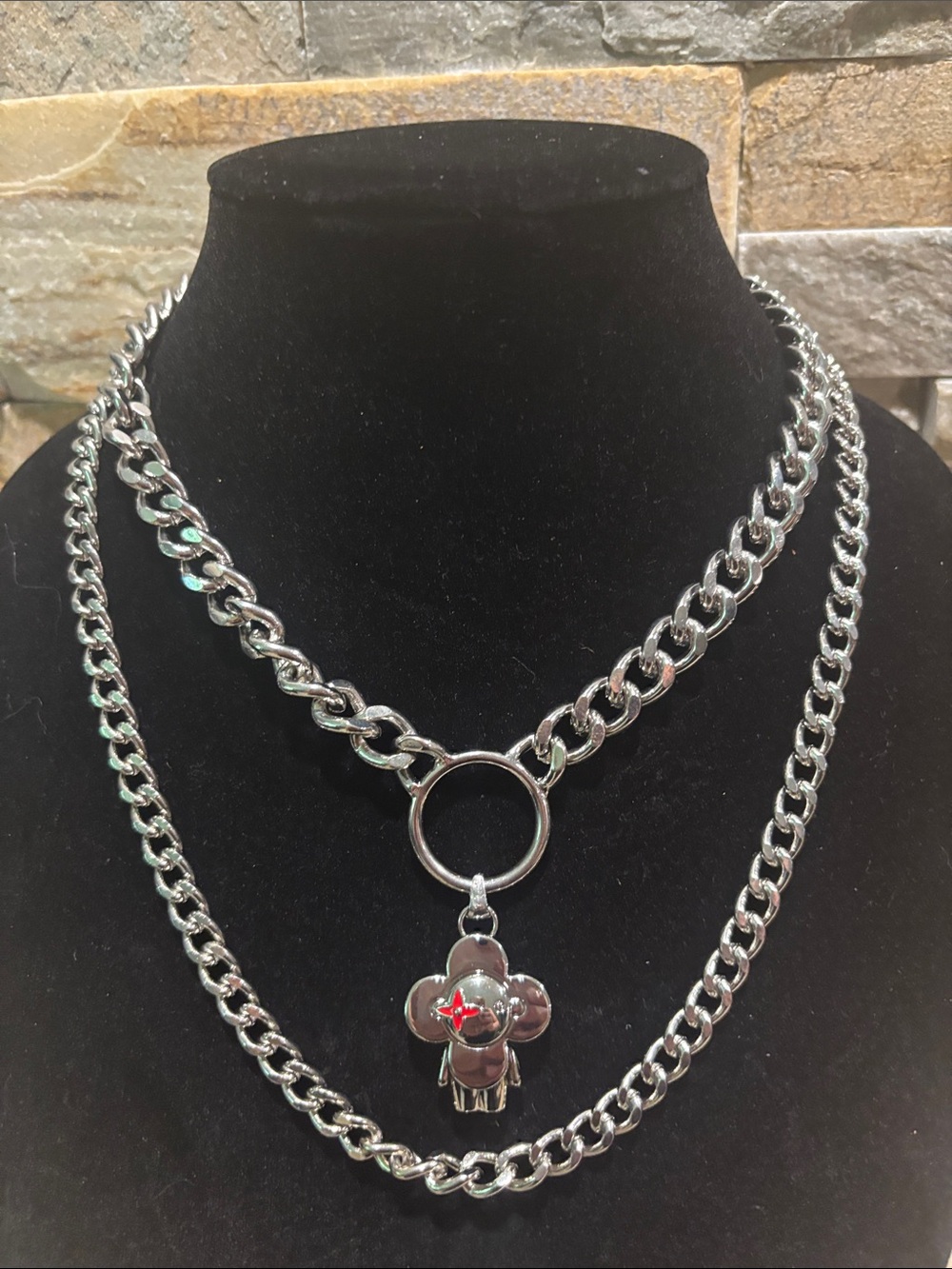 Silver-Tone Double Chain Necklace with LV Vivi Flower Pendant